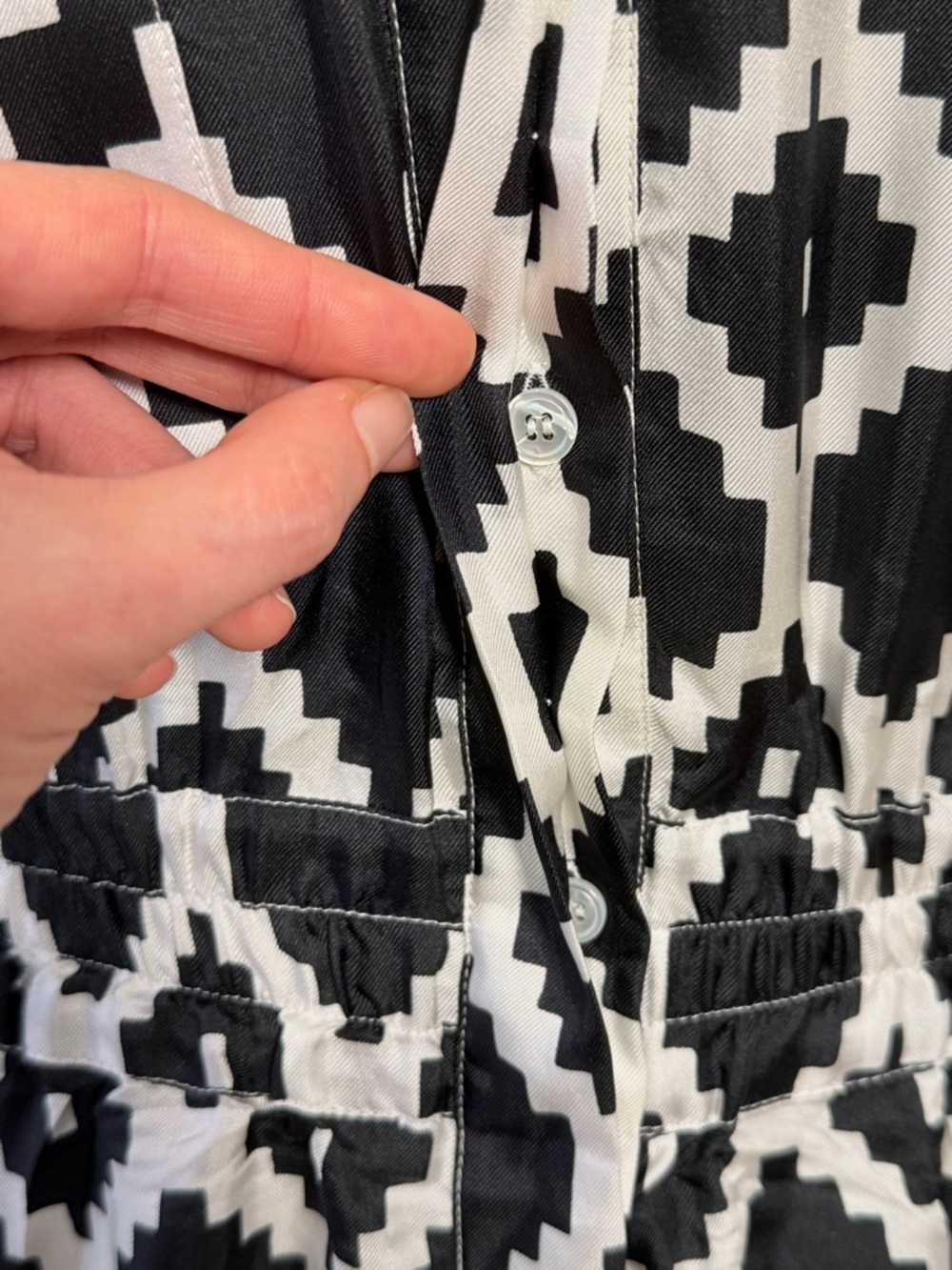 Max Mara Silk Shirt Geometric Print Cinched Waist Dress In Black & White Size 8 - Picture 9 of 13